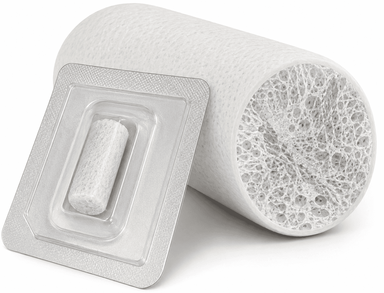 A sterile socket preservation bone graft plug in its peel-open double blister, beside a magnified cutaway showing the open collagen matrix that carries the bone mineral