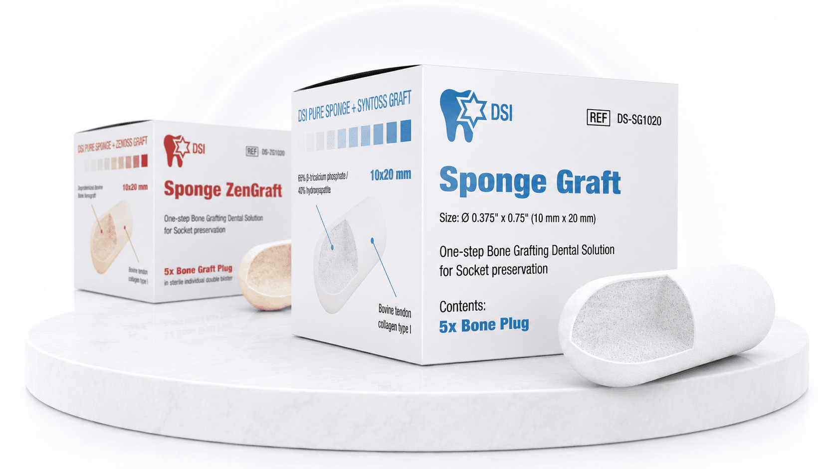 SpongeGraft bone graft plug box in focus beside Sponge ZenGraft, with a 10x20mm collagen plug