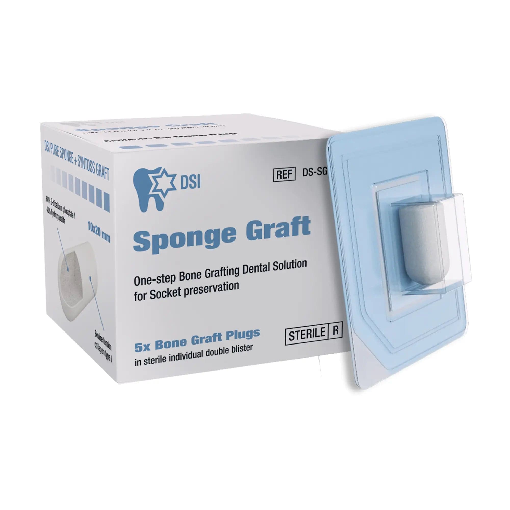 SpongeGraft Bone Plugs box — 5 sterile 10 × 20 mm socket preservation plugs, REF DS-SG1020