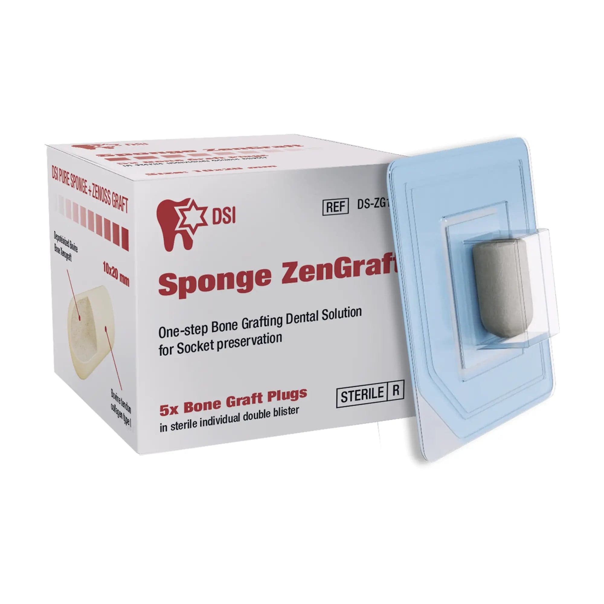 Sponge ZenGraft Bone Plugs — bovine xenograft socket preservation bone graft plugs, 5 sterile 10 × 20 mm plugs per box, REF DS-ZG1020