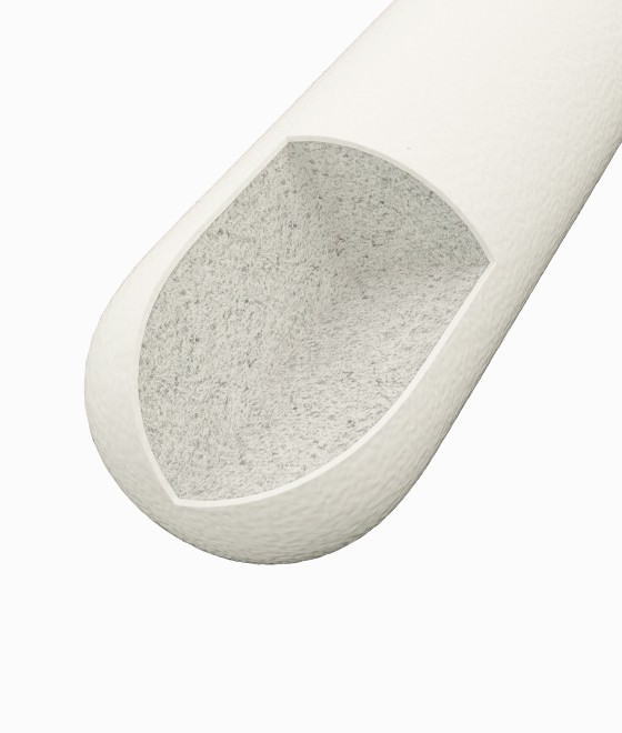 Cutaway render of a SpongeGraft plug: outer bovine collagen envelope around the calcium phosphate particle core