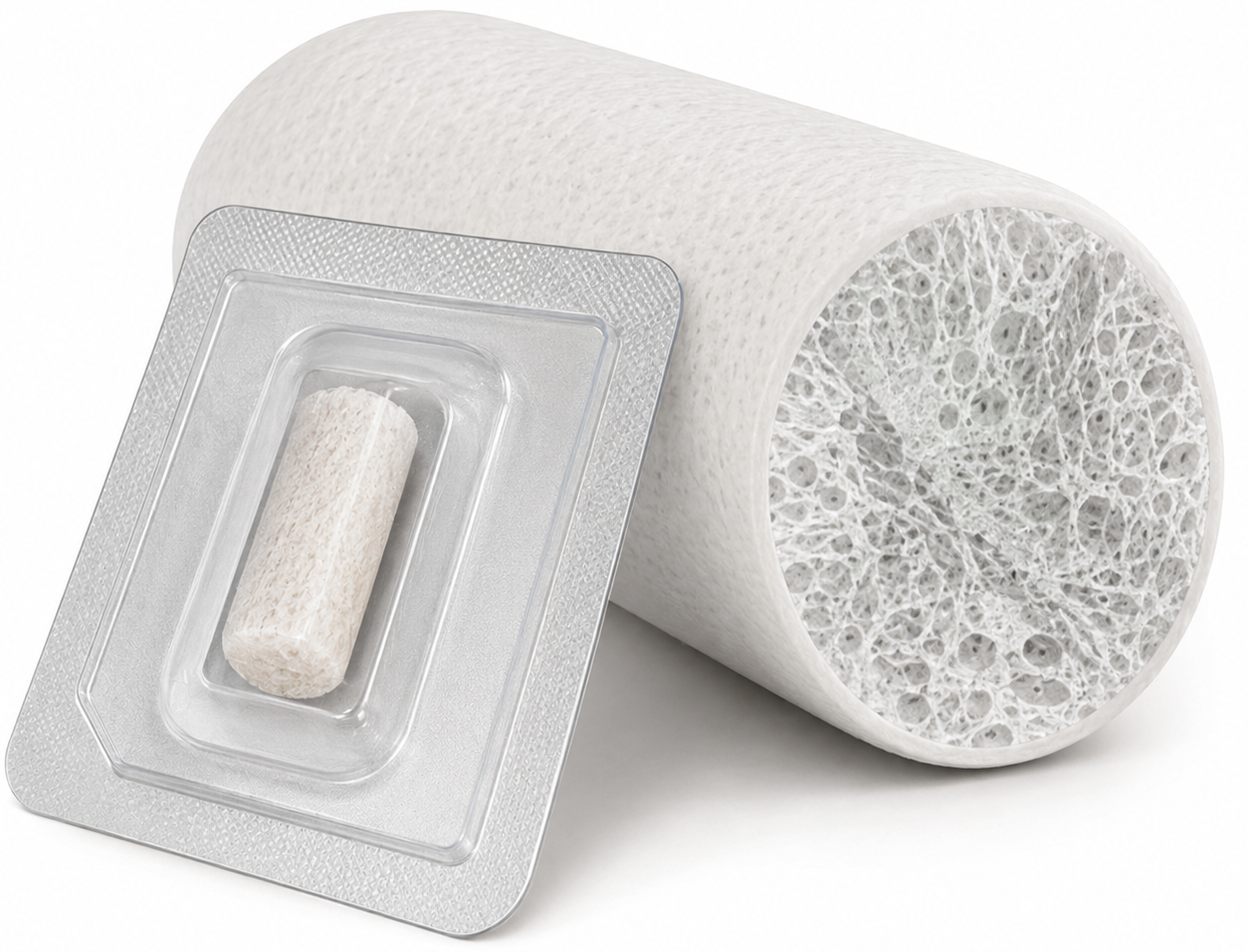 A sterile 10x20mm collagen bone graft plug in its peel-open blister, beside a magnified cutaway of the plug's open collagen matrix