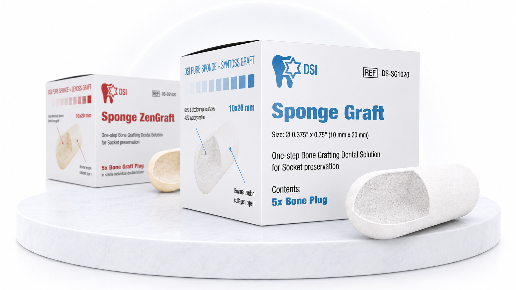 SpongeGraft bone graft plug box in focus beside Sponge ZenGraft, with a 10x20mm collagen plug
